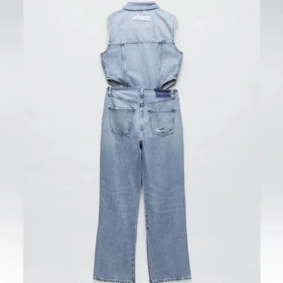ZARA FULL LENGTH CUT OUT DENIM JUMPSUIT - Picture 6 of 7